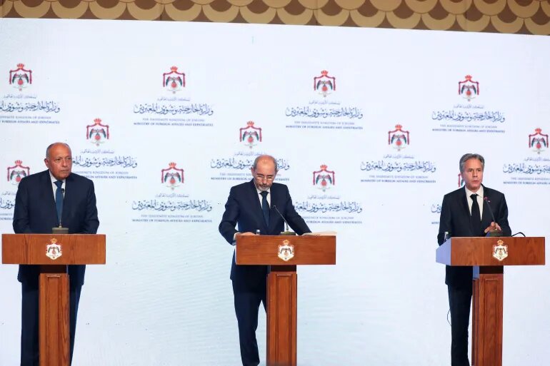 بلينكن خلال مؤتمر صحفي إلى جانب وزيري خارجية الأردن أيمن الصفدي والمصري سامح شكري 
